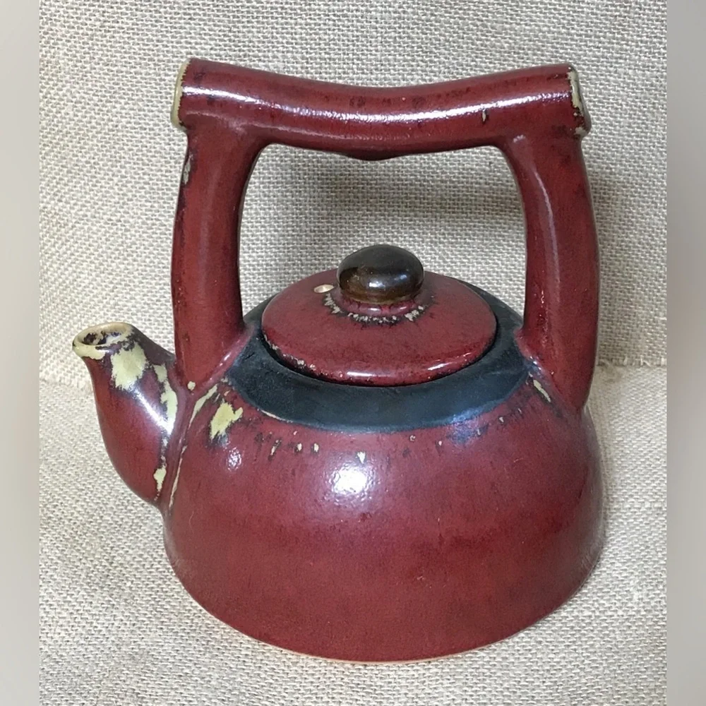 Pier 1 Shanghai Red Beige Teapot Tea Mug Set Goth Core Rustic Japanese Inspired